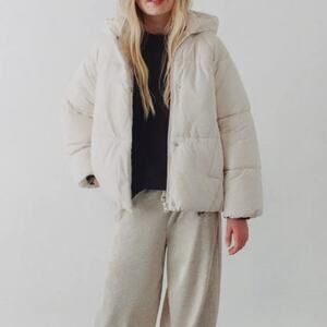 Zara Girls Puffer Jacket with Hoodie Beige Size 11-12
